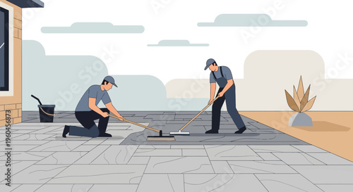 Skilled Workers Crafting Paved Outdoor Living Spaces With Precision