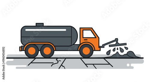 Road Repair Truck Applying Liquid Sealant Onto Cracked Asphalt Surface