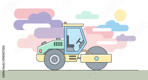 Vibrant Abstract Road Roller Illustration With Pastel Sky