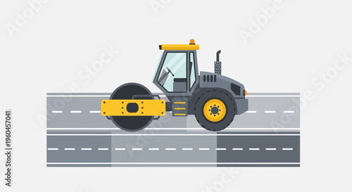 Road Roller Compactor Machine on Asphalt Highway Lane