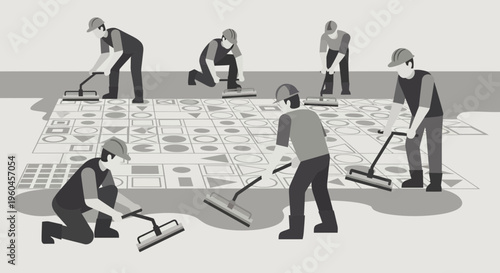 Teamwork And Precision In Laying Patterned Floor Tiles