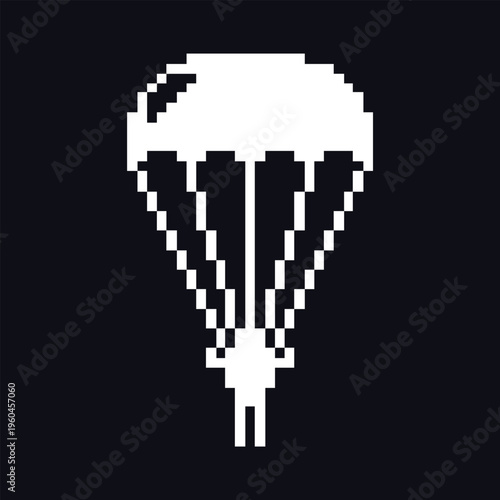 Retro pixel art parachute icon in classic 8-bit style. Monochrome symbol representing supply drop, airdrop, or airborne delivery. Suitable for video game UI, battle royale games and survival games