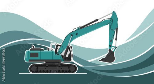 Teal Excavator Machine Ready For Construction Work Against Abstract Wave Background