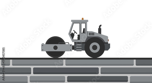 Road Roller Machine Compacting Ground Surface During Construction Project