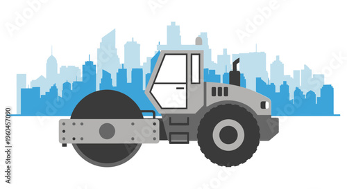 Road Roller Machine Working on Urban Construction Site Illustration