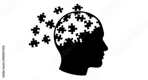 Human Head Silhouette with Puzzle Pieces Concept, Mental Health Awareness, Brain Memory Loss, Psychology and Psychiatry Treatment Illustration, Logical Thinking and Problem Solving Abstract Design