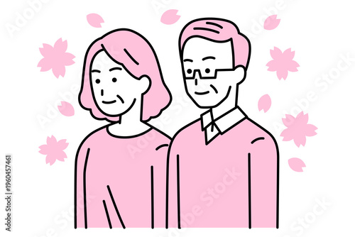 舞い散る桜とまっすぐ前を向いている年配の男女