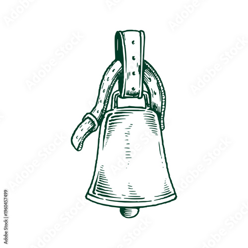 Engraving hand drawn western farm cow bell outline vector