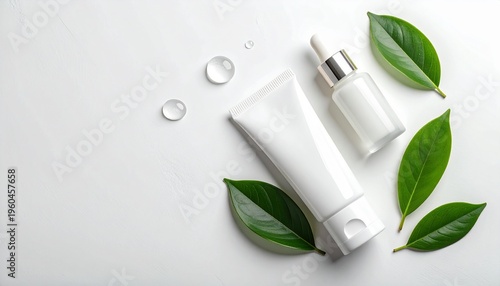 Minimalist Beauty Product Flatlay: Plain white skincare packaging on a white background with copy space for text.