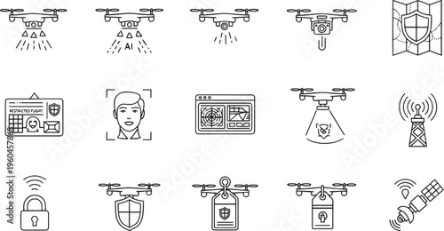 Smart Drone Technology and Security Surveillance Line Icon Set