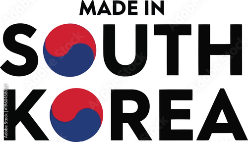 Made in South Korea Label Typography Design with National Flag Colors Isolated on White Background