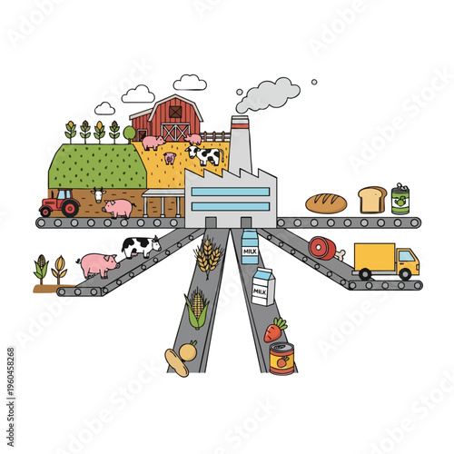A farm and factory complex illustrates the process of food production and distribution