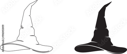Wizard hats, magic wands, sorcery icons, black and white illustrations, 2 witch hats