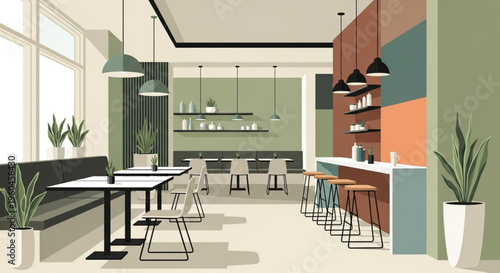 A clean, flat vector-style illustration of a modern cafe interior featuring green and terracotta walls, pendant lights, bar stools, and indoor plants.