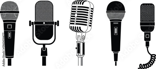 Microphone collection vector illustration featuring vintage and modern audio recording devices, studio mics, handheld microphones and broadcast equipment isolated on background