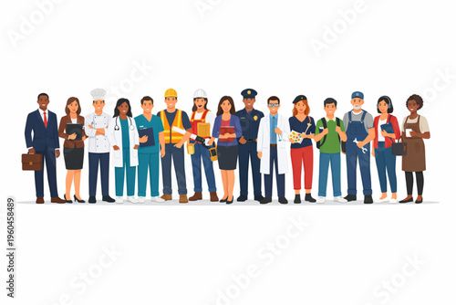 A group of people in different professions standing together