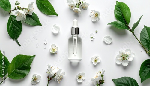 Transparent facial serum bottle, flowers and green leaves surrounded by fresh blooming flowers.