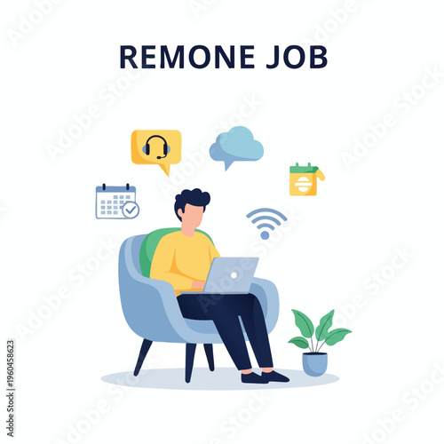 Man works on laptop in armchair with remote work icons floating around