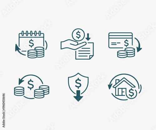 A set of Repayment icons focuses on simplicity, elegance, and ease of recognition. Vector Sign for Logos, Labels, and Icons.
