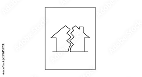 Minimalist graphic depicting a fractured dwelling, representing a broken home or real estate dispute