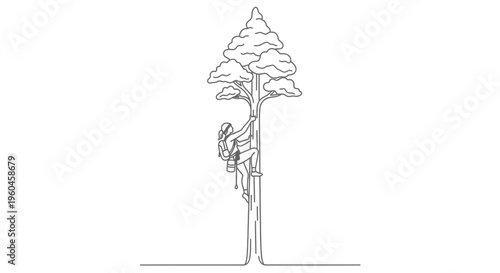 Single continuous line drawing of a determined person ascending a majestic pine tree with minimal