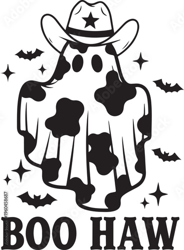 Halloween cowboy ghost, spooky western vector, black and white illustration, Boo Haw design