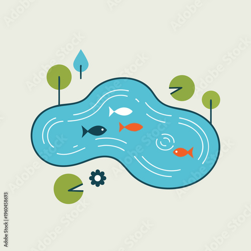 Pond with fish, lily pads, trees, and a flower on a light background