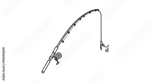 Minimalist black and white vector illustration of a fishing rod with reel and baited hook, ready