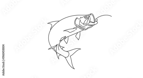 Dynamic continuous line art illustration of a leaping game fish caught on a hook, perfect for