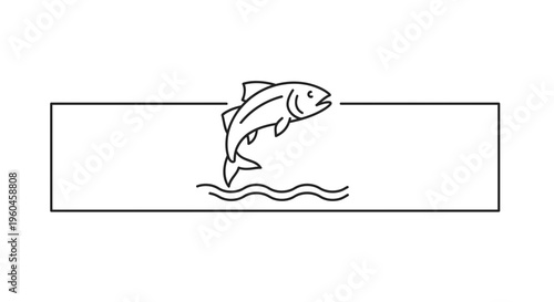 Minimalist line art illustration of a fish leaping from water within a clean rectangular frame