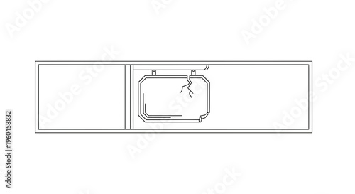 Abstract line drawing depicting a weathered hanging placard suspended within a clean rectangular