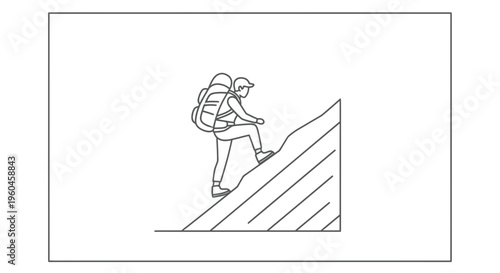Minimalist outline illustration of an adventurer hiking a steep mountain path with a backpack
