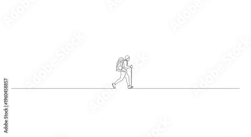 Minimalist single line drawing of an adventurous hiker walking with a backpack and trekking pole,
