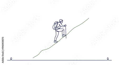 Minimalist one-line art showing a backpacker climbing a steep path with trekking pole