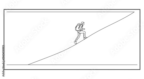 Dynamic single line drawing illustrating a determined hiker moving upward on an inclined path