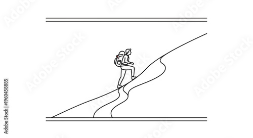 Minimalist line art illustration of an adventurous person hiking up a winding mountain trail path