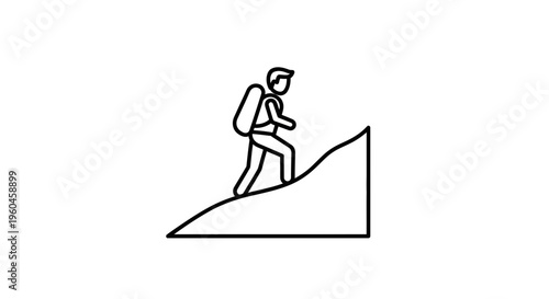 Minimalistic outline illustration of a backpacker ascending a steep incline icon graphic
