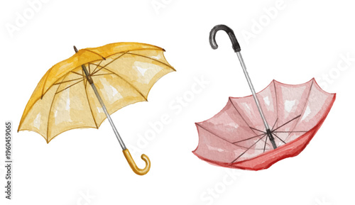 Hand painted watercolor yellow and red umbrella isolated