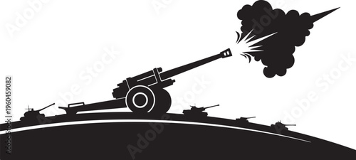 Military cannon, artillery vector, black silhouette, war graphics, explosive fire