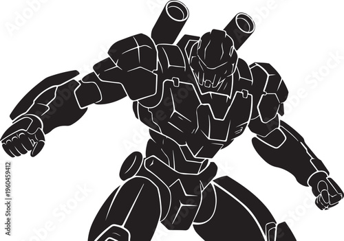 Robot, mechanical creature, sci-fi character, black and white vector illustration