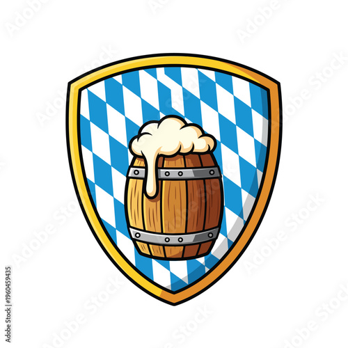 Celebratory Beverage Barrel Emblem on Bavarian Patterned Shield Illustration