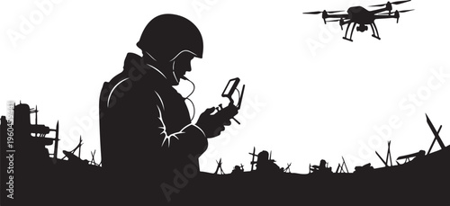 Military soldier, drone operator, silhouette, black, urban landscape, vector icon