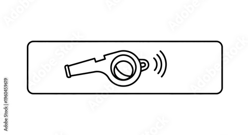 Minimalist black outline drawing of a classic whistle producing sound waves within a rounded