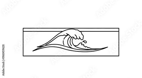 Minimalist dynamic ocean wave outline vector graphic contained within a rectangular border