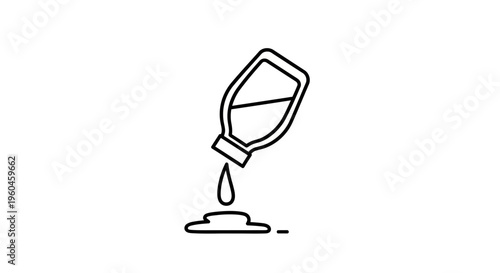 Versatile linear graphic portraying a bottle dispensing fluid, creating a small puddle, ideal for