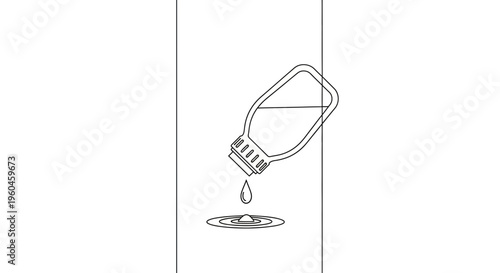 Minimalist line art illustration of a liquid bottle dispensing a single drop creating subtle