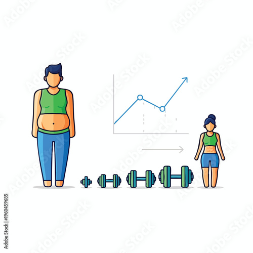 Person's transformation from overweight to fit with weights and chart