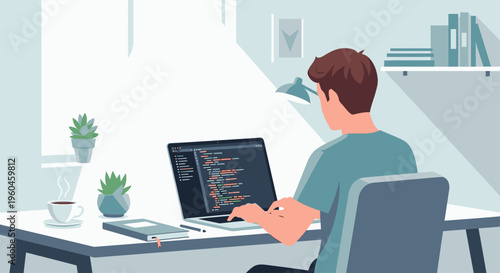 A man sits at a desk working on a laptop with code on the screen in a modern office space with plants and books.