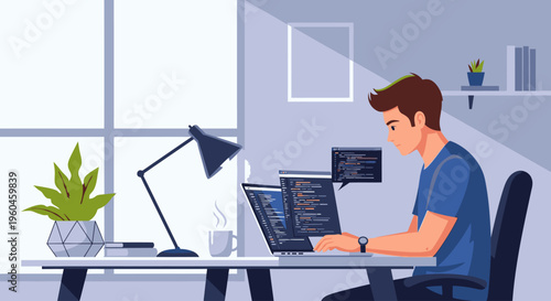 A man sits at a desk working on a laptop with a lamp and plant nearby in a modern office space with a minimalist aesthetic.