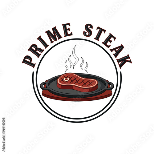 Sizzling prime steak on a hot pan, vector illustration for a food and restaurant logo